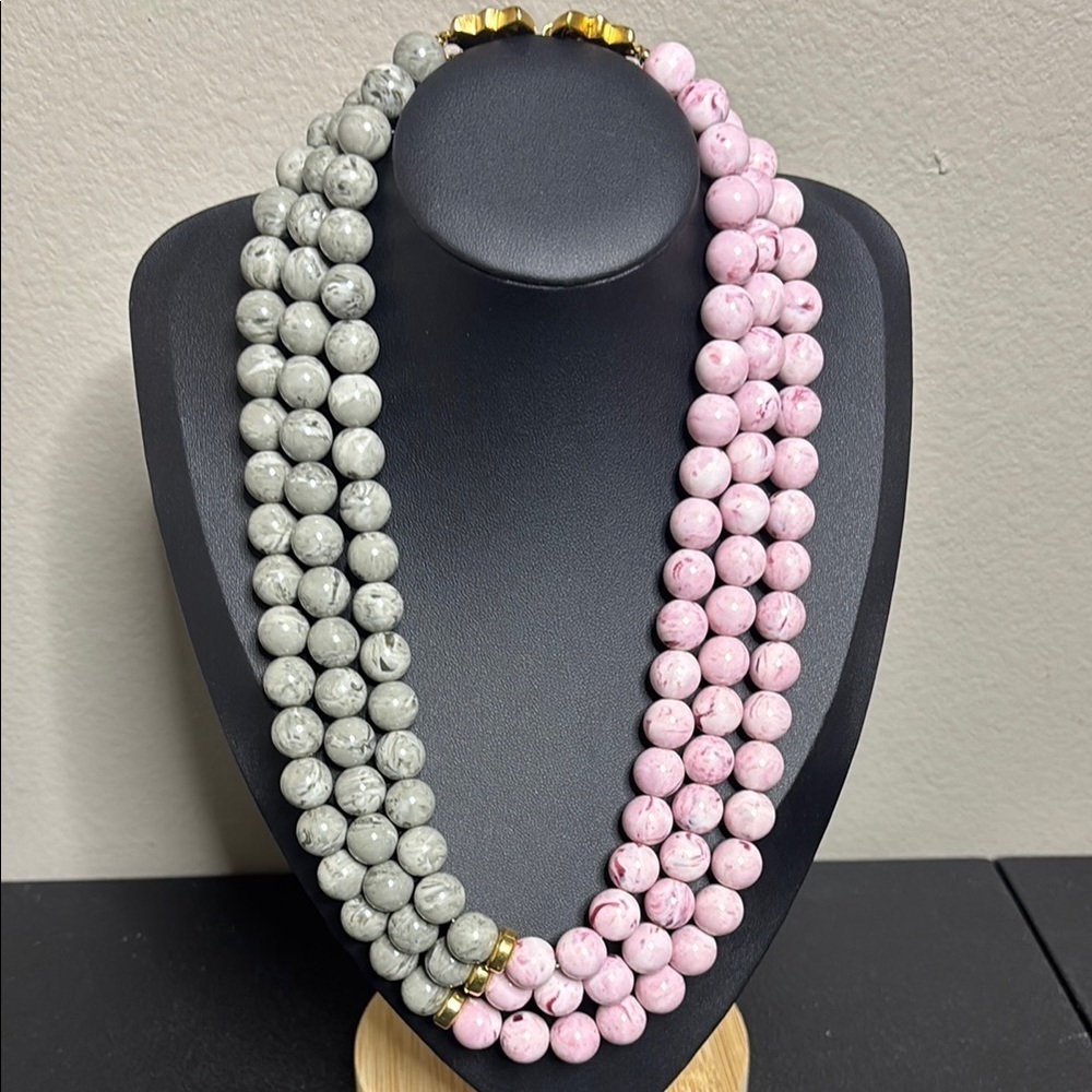 Designer Runway Multi Strand Gray & Pink Beaded Necklace Gold Plate Clasp